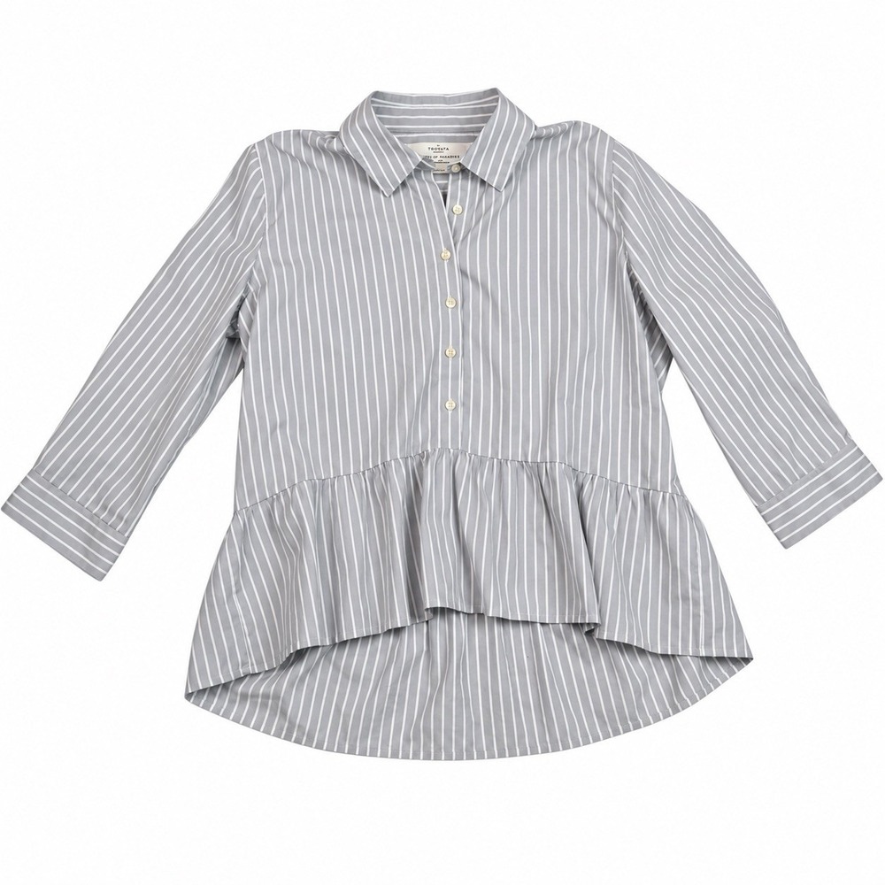 Birds of Paradis Trovata Blouse Small Blue White Stripe Peplum Cotton Shirt